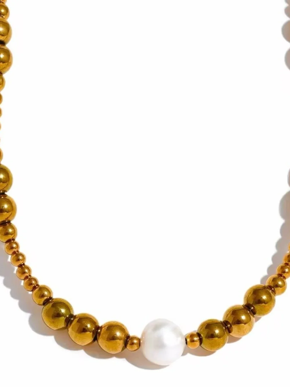 Gold Beaded Necklace with Pearl Accent